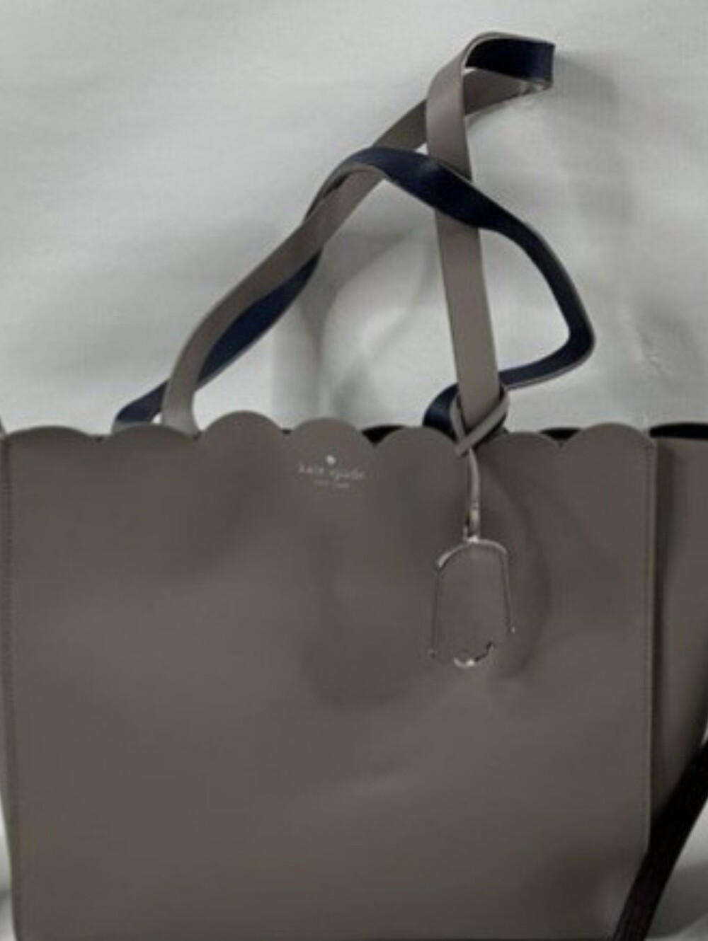 kate spade Scalloped Top Handle Tote in Taupe with Navy Straps